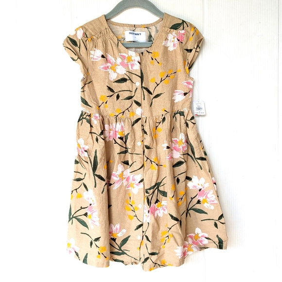 Old Navy Other - OLD NAVY girls tan floral button front linen blend dress